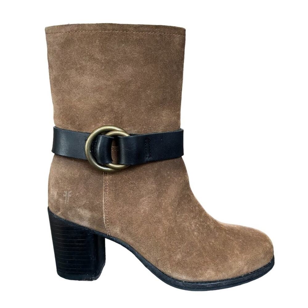 FRYE Addie Harness Mid Calf Suede Boots in Chestnut SZ 6